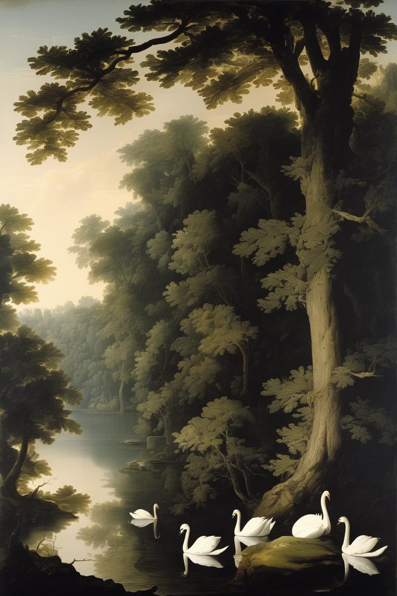 00486-2997231083-Joseph Wright Of Derby Style - Hyper detailed serene early morning landscape with the wall of giant, dense trees over the lake.png